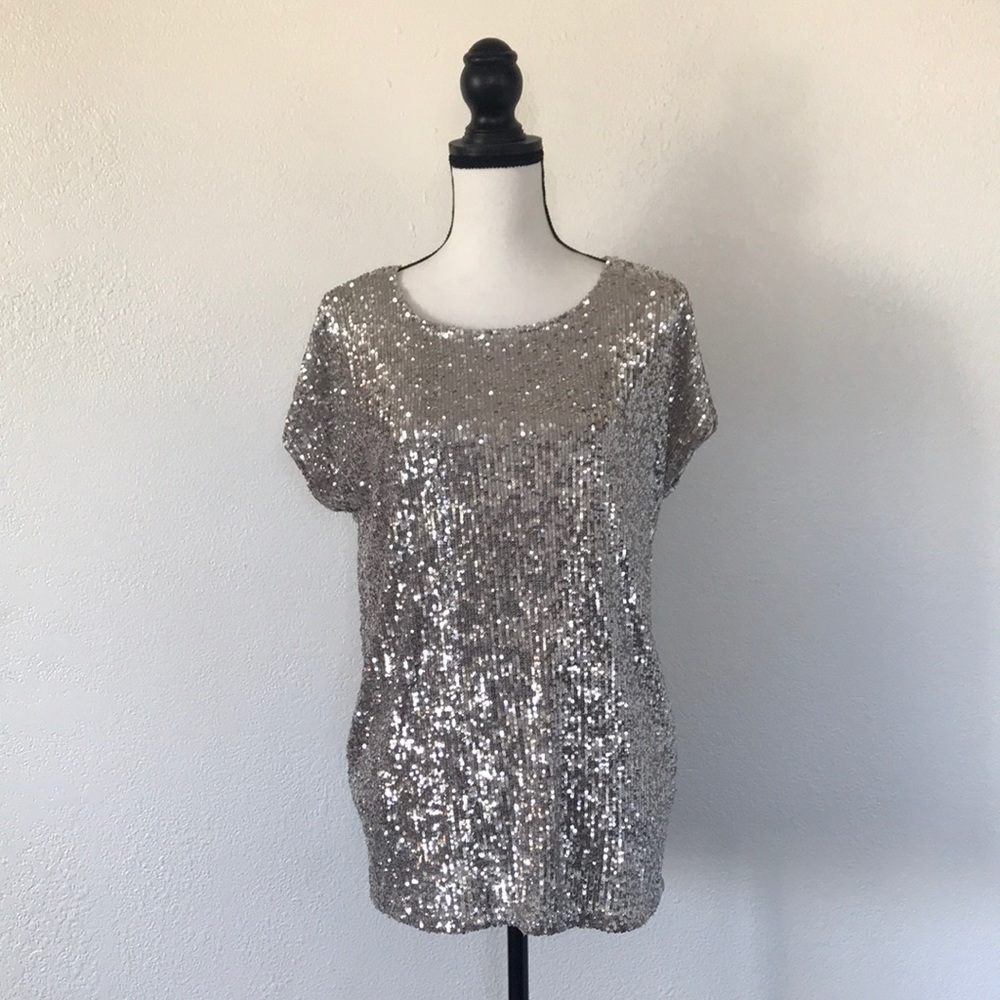 Cable & Gauge Silver Sequin Blouse New With Tags Size M
